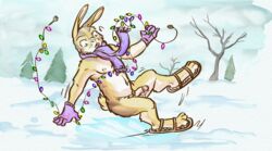 1boy anthro balls christmas christmas_lights digital_media_(artwork) falling furry genitals hi_res holidays ice lagomorph lavilovi leporid male mammal nipples nude penis plant rabbit scarf snow solo surprised_expression tree