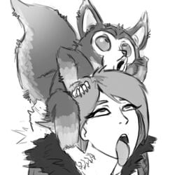 ahe_gao capcom derp_eyes duo female feral fur_trim_(clothing) greyscale gurochanop hand_on_head human larger_female looking_pleasured looking_up male mammal monochrome monster_hunter pogchamp size_difference skull_fucking smaller_male straight video_games