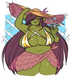 1girls big_breasts bikini brown_hair cleavage curvaceous curvy drink earrings female female_only freckles goblin goblin_female green-skinned_female green_skin hair_over_one_eye hand_on_hat hat highres holding holding_drink long_hair looking_at_viewer pointy_ears red_eyes saasu solo straw_hat thick_thighs towel towel_around_waist