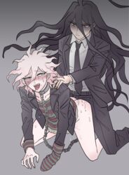 2boys ahegao ahoge artist_request chain_leash clothing collar danganronpa danganronpa_2:_goodbye_despair doggy_style emotionless green_eyes izuru_kamukura long_hair looking_at_another looking_pleasured male_only mittens nagito_komaeda penetration servant_(danganronpa) straight_hair sweating tagme taken_from_behind tears tongue_out yaoi