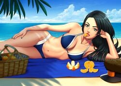 basket beach bikini bikini_bottom bikini_top black_hair green_eyes green_nails hat jojo's_bizarre_adventure jojolion kei_nijimura legendarysoulii lipstick long_hair on_side orange pinup towel