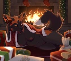 2020 amber_eyes anthro bedroom_eyes black_body black_fur bottomless breasts canid canine christmas clothed clothing cross_fox crotch_tuft female fireplace fox front_view fur furry genitals hand_on_leg hand_on_thigh hi_res holidays looking_at_viewer lying mammal mo_(servalex) narrowed_eyes nipples on_side pussy red_fox seductive servalex solo tuft