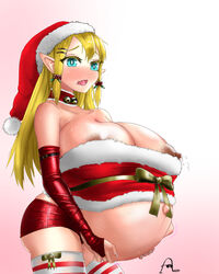 1girls areolae breasts christmas dark_areola dark_nipples erect_nipples female female_only holding_belly huge_belly huge_breasts joethestone lactation linea_nigra milk nipples pregnant pussy_juice ready_to_pop santa_hat thighhighs veiny_belly veiny_breasts