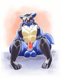 anthro balls blush embarrassed erection eyewear genitals glasses hi_res leo_(leocario) male male_only nintendo nude penis pokémon_(species) pokemon presenting sitting solo trpcafterdark video_games