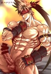 1boy ass_visible_through_thighs ayukisa bar_censor bara brown_hair censored erection fingerless_gloves gloves guilty_gear headband long_hair male_focus male_only muscular muscular_male navel nipples nude pectorals penis ponytail sitting smile sol_badguy solo spiked_hair testicles thick_thighs thighs veins veiny_penis