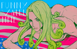 1boy american_flag ass blonde_hair curled_hair facing_viewer funny_valentine jojo's_bizarre_adventure laying_on_stomach long_hair looking_at_viewer male_only solo_male steel_ball_run