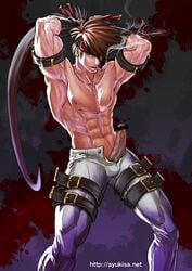 1boy abs armpits ayukisa bar_censor bara brown_hair censored cigarette erection feet_out_of_frame guilty_gear headband long_hair male_focus male_only muscular muscular_male navel nipples pants pectorals penis ponytail shirtless smoking sol_badguy solo spiked_hair white_pants