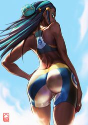 1girls ass black_hair blue_eyes cameltoe clothed dark-skinned_female hair_ornament hand_on_hip looking_back nessa_(pokemon) pokemon pokemon_ss r8-18 shorts tight_clothing