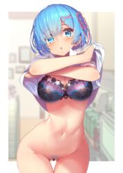 blush female female_only hong_(white_spider) horny lacy_bra lingerie pubic_hair re:zero_kara_hajimeru_isekai_seikatsu rem_(re:zero) tagme