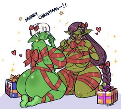 2girls areola_slip ass big_breasts braid brown_hair candy christmas christmas_present curvaceous curvy earrings female female_only freckles goblin goblin_female green-skinned_female green_skin hair_over_one_eye hair_ribbon heart highres holding_candy kneeling long_hair looking_at_viewer looking_back merry_christmas multiple_girls nude nude_female open_mouth pointy_ears red_eyes saasu sparkle text thick_thighs tongue_out white_background white_hair wrapped yellow_eyes