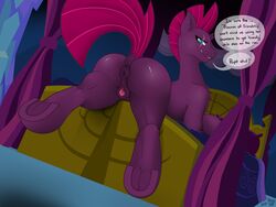 absurd_res animal_genitalia animal_pussy anus ass bed big_butt broken_horn dialogue equid equine equine_pussy female feral friendship_is_magic furniture genitals hasbro hi_res horn mammal my_little_pony my_little_pony:_the_movie_(2017) puffy_anus pussy raised_tail scar solo tempest_shadow_(mlp) unicorn wispytuft