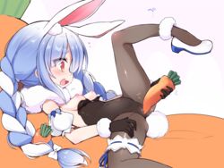 animal_ear_fluff animal_ears ass bangs black_gloves black_legwear black_leotard blue_hair braid breasts breasts_out bunny_ears bunny_tail cameltoe carrot commentary_request covered_clitoris covered_navel crotch_rub don-chan_(usada_pekora) eyebrows_visible_through_hair female from_side fur_scarf gloves highres hololive hololive_fantasy hololive_japan leg_garter leg_up legs leotard leotard_pull long_hair lying masturbation morino_donguri nipples on_back open_mouth pantyhose rabbit_girl red_eyes scarf shoes small_breasts smile solo spread_legs strapless strapless_leotard tail thighs translation_request twin_braids twintails usada_pekora very_long_hair virtual_youtuber white_footwear white_scarf