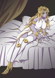 1girls big_breasts blonde_hair blue_skin breasts dio_brando eyes_of_heaven female female_dio gold_jewelry heaven_ascension_dio humanoid jojo's_bizarre_adventure large_breasts long_hair looking_at_viewer on_bed purple_skin rule_63 sitting solo stitches tall_female thighhighs vampire villainess white_bodysuit yellow_eyes