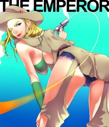 1girls armwarmer artist_request ass bikini_top blonde_hair blue_eyes breasts cowboy_hat cowgirl denim_shorts emperor_(jjba) female green_background green_nails hol_horse human jojo's_bizarre_adventure large_breasts light-skinned_female light_skin lipstick long_hair looking_back rule_63 shorts shounen_jump stardust_crusaders villainess