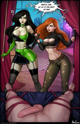 1boy 2girls aroma_sensei big_breasts big_penis bondage breasts cleavage cleavage_cutout collar comic curvy dialogue disney disney_channel english english_text erection female femdom gloves green_eyes hourglass_figure kim_possible kimberly_ann_possible large_breasts long_hair male malesub midriff multiple_girls older_female pale-skinned_female pale-skinned_male pale_skin penis red_hair ropes shego speech_bubble stomach straight_hair submissive_male text tied_up unseen_male_face villain voluptuous younger_male