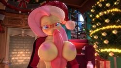 1boy 1girls 3d animated anthro big_breasts breasts canine_penis choker christmas christmas_tree clothing female fluttershy_(mlp) friendship_is_magic furry glasses heart heart-shaped_pupils hooves-art large_breasts lip_biting male moaning my_little_pony nipples paizuri penis santa_hat sound straight_hair video