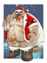 2020 anthro balls belly blush brown_body brown_fur canid canine canis christmas christmas_clothing christmas_headwear clothing costume domestic_dog erection fur genitals hat headgear headwear hi_res holidays humanoid_hands kemono male male_only mammal mind_drive mizuse_higomaru moobs one_eye_closed overweight overweight_anthro overweight_male penis santa_claus santa_costume santa_hat scar solo tokyo_afterschool_summoners video_games wink yasuyori