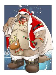 2020 anthro balls belly blush brown_body brown_fur canid canine canis christmas christmas_clothing christmas_headwear clothing costume domestic_dog erection fur genitals hat headgear headwear hi_res holidays humanoid_hands kemono male male_only mammal mind_drive mizuse_higomaru moobs one_eye_closed overweight overweight_anthro overweight_male penis santa_claus santa_costume santa_hat scar solo tokyo_afterschool_summoners video_games wink yasuyori