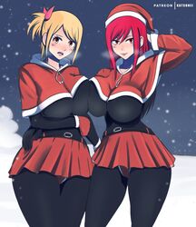 2girls belt big_breasts black_bodysuit black_legwear black_stockings black_thighhighs blonde_hair blush bodysuit brown_eyes busty cameltoe christmas christmas_outfit clothed clothing ear_piercing earrings elbow_gloves erza_scarlet fairy_tail female female_only fully_clothed gloves hair_ribbon hoodie hourglass_figure katsunei large_breasts legwear lipstick long_gloves looking_at_viewer lucy_heartfilia multiple_girls pale-skinned_female pale_skin panties pink_lips pink_lipstick pose posing red_hair red_panties ribbon santa_costume santa_hat short_skirt skirt snow standing thighs tied_hair voluptuous wide_hips