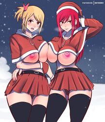 2girls abs alternate_breast_size areolae belt big_breasts blonde_hair blush breast_press breasts breasts_out brown_eyes busty cameltoe christmas clothed clothing crop_top ear_piercing earrings erect_nipples erza_scarlet fairy_tail female female_only gloves hair_ribbon hoodie hourglass_figure huge_breasts katsunei large_areolae large_breasts legwear lipstick looking_at_viewer lucy_heartfilia multiple_girls nipples pale-skinned_female pale_skin panties pink_lips pink_lipstick pink_nipples pose posing red_hair red_panties ribbon santa_costume santa_hat short_skirt skirt snow standing stockings thighs tied_hair voluptuous wide_hips