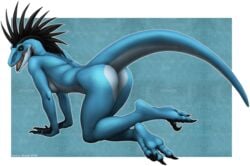 2019 3_toes all_fours alpha_channel anthro black_claws black_hair blue_body blue_scales border breasts claws dinosaur doktor-savage dromaeosaurid female hair hi_res hindpaw looking_at_viewer mohawk non-mammal_breasts paws reptile scales scalie sharp_teeth simple_background soles solo teeth theropod toes transparent_background transparent_border