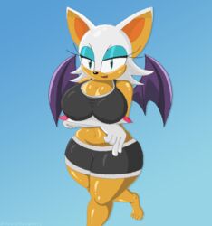 anthro bat big_breasts big_hips breasts clothed female_only huge_breasts navel pixel_art rouge_the_bat saucyspagooty sega solo sonic_(series) standing thick_thighs video_games