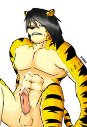 2007 anthro balls blush cancat erection felid genitals hupi1008 kemono low_res male mammal muscular muscular_anthro muscular_male pantherine penis simple_background sitting solo tiger white_background