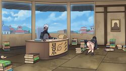 1boy 1boy1girl 1girls accidental_exposure all_fours ass big_ass black_hair blush clothing dat_ass dinaki empty_eyes female hatake_kakashi heavy_blush kimono kimono_lift kneeling looking_at_butt looking_at_partner male mask naruto naruto:_the_last naruto_(series) naruto_shippuden office panties red_face shizune silver_hair sitting underwear white_eyes