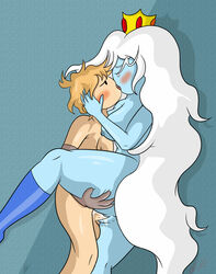 1boy 1girls adventure_time age_difference blonde_hair blue_skin blush cartoon_network crown cum cum_in_pussy finn_the_human ice_queen_(adventure_time) leg_lift long_hair mrgametv passionate penetration prosthetic_arm sex size_difference straight testicles tongue_kiss vaginal_penetration white_hair