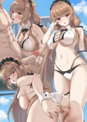 anus ass azur_lane bangs bikini black_neckwear blue_sky blunt_bangs bow bowtie breasts brown_hair censored cloud cross day eyebrows_visible_through_hair female handjob large_breasts looking_back low_twintails maid_headdress mosaic_censoring nipples open_mouth penis pussy red_eyes sky solo_focus spread_anus swiftsure_(azur_lane) swiftsure_(midsummer_special_service)_(azur_lane) swimsuit tongue tongue_out twintails urayama_(backmountain) white_bikini