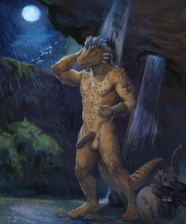 2020 anthro argonian balls bethesda_softworks black_penis blue_hair bow_(weapon) foreskin full_moon genitals hair half-erect hi_res humanoid_genitalia humanoid_penis male moon mottled mottled_body nude orcfun outside penis ranged_weapon scalie solo standing the_elder_scrolls uncut video_games waterfall waterfall_shower weapon yellow_body