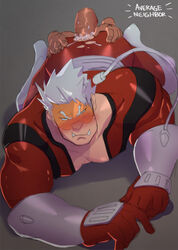 2boys all_fours anal ass average_neighbor bara bare_pecs blush body_hair bodysuit boku_no_hero_academia cleavage_cutout clothing_cutout cum fangs gay gloves highres kan_sekijirou male_focus male_only multiple_boys muscular muscular_male my_hero_academia overflow pectorals penis red_bodysuit red_gloves sekijiro_kan sex short_hair solo_focus torn_bodysuit torn_clothes veiny_penis vlad_king white_hair yaoi