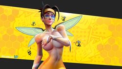 3d absurd_res bee blue-tinted_eyewear breadblack breasts brown_eyes brown_hair casual cosplay covering covering_breasts eyewear female headband headwear honey human midriff nipple_slip outfit overwatch pale_skin sticky tinted_eyewear tracer underboob visor wings wristwear