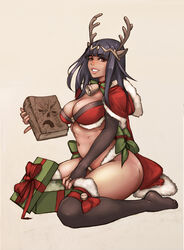 1girls alternate_costume antlers bangs bare_midriff bare_thighs big_breasts black_hair book brown_eyes cape christmas fire_emblem fire_emblem_awakening fire_emblem_heroes gift ithinkaboutthisoften large_breasts lips looking_at_viewer nintendo smile solo solo_female tharja_(fire_emblem) tharja_(winter)_(fire_emblem) thick_lips thick_thighs thighhighs