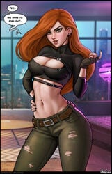 1girls alternate_breast_size aroma_sensei belly belly_button belt big_breasts black_nail_polish blush bra_peek breasts cleavage cleavage_cutout curvy dialogue disney disney_channel ear_piercing english english_text female female_only fingerless_gloves gloves green_eyes hand_on_hip hourglass_figure kim_possible kimberly_ann_possible large_breasts long_hair midriff nail_polish navel navel_piercing pants posing red_hair redhead ripped_pants stomach text voluptuous wide_hips