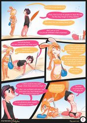 2girls anthro beach duo english_text female female_only funkybun multiple_girls page_1 patreon_username public_nudity reptile rose_(funkybun) salamander small_breasts sophie_(funkybun) they_won't_mind_(funkybun) umbrella undressing