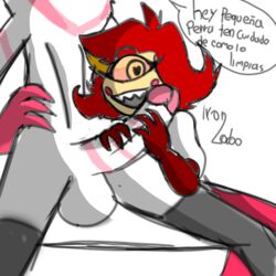 1_eye 1boy 1girls angel_dust_(hazbin_hotel) big_penis cyclops female femboy femboy_on_female hazbin_hotel iron_lobo male niffty penis_awe penis_grab red_gloves red_hair spanish_text straight striped_penis unseen_male_face vivienne_medrano white_background white_fur