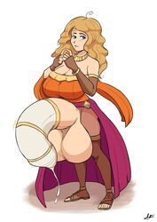 big_breasts blue_eyes clothed cock_sock cum_through_clothes futanari hyper hyper_balls hyper_penis large_breasts long_hair lucy_fuchs mirella orange_hair simple_background white_background