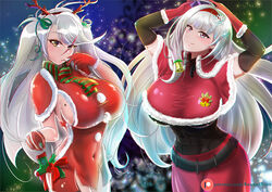 2girls antenna_hair azur_lane blue_eyes blush breast christmas christmas_lights christmas_outfit hair_ornament large_breast long_hair mainz_(azur_lane) multicolored_hair prinz_eugen_(azur_lane) red_hair santa_costume white_hair yellow_eyes