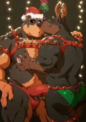 5_fingers anthro ass barazoku bell bell_harness biceps black_body body_hair bulge canid canine canis chest_hair christmas christmas_clothing christmas_headwear clothing dobermann domestic_dog duo eyewear fake_antlers fingers genitals hand_on_chest harness hat headgear headwear hi_res holding_penis holidays jingle_bell jingle_bell_harness kissing male male/male mammal mastiff mistletoe molosser muscular muscular_anthro muscular_male nipple_piercing nipples nose_kiss penis piercing pinscher plant rennin rottweiler santa_hat speedo sunglasses swimwear taoren