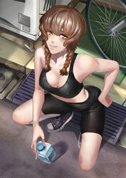 1girls amane_suzuha athletic bicycle bike_shorts braided_hair brown_hair erect_nipples_under_clothes fully_clothed grin jiro-knightraider light-skinned_female outdoors outside smile sneakers spats sports_bra sportswear squatting steins;gate tomboy twin_braids water_bottle workout_clothes yellow_eyes