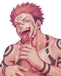 2boys after_fellatio black_hair chest_tattoo completely_nude cum cum_in_mouth cum_on_body cum_on_pectorals cum_on_tongue duo erection facial facial_mark fangs forehead_mark highres joraffasalmon jujutsu_kaisen looking_at_viewer male male_focus male_only multicolored_hair multiple_boys muscular muscular_male nipples nude open_mouth pectorals pink_hair red_eyes ryoumen_sukuna_(jujutsu_kaisen) salmon_(657931354) short_hair solo_focus tattoo tongue tongue_out two-tone_hair uncensored undercut upper_body white_background yaoi