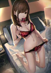 bangs bare_arms barefoot bed before_sex bra bra_pull brown_eyes brown_hair brown_pubic_hair cleavage collarbone condom condom_in_mouth earrings expressionless female female_pubic_hair hair_between_eyes hashimoto_kokai lingerie on_bed panties pubic_hair pubic_hair_peek underwear