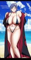 1girls akatsuki_(naruto) anderson93 bangs beach big_breasts bikini blue_hair blue_sky blush breasts clavicle cleavage cloak clouds collarbone eyeliner eyeshadow facial_piercing female female_only flower hair_flower hair_ornament huge_breasts konan large_breasts licking_lips looking_at_viewer makeup mascara micro_bikini naruto naruto_(series) naruto_shippuden navel navel_piercing ocean orange_eyes outdoors parted_bangs piercing revealing_clothes ring skimpy smile standing swimsuit toes tongue toninhort undressing voluptuous water wide_hips