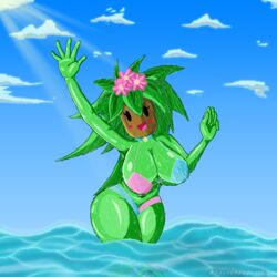 anthro big_breasts bikini blaster_master blaster_master_zero_2 blush busty cleavage curvy female_focus flower green_body green_skin huge_breasts kanna_(blaster_master) mob_face pixel_art plant plant_humanoid plantie saucyspagooty solo swimsuit thighs video_games water water_drop wet_skin