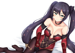 1girls bare_shoulders barettoarts black_gloves black_hair blue_eyes blush breasts elbow_gloves feet female genshin_impact gloves gold_trim hair_ornament highres leotard long_hair long_sleeves looking_at_viewer mona_(genshin_impact) no_shoes purple_leotard simple_background sitting smile solo thighlet thighs twintails white_background white_skin