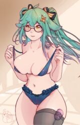 areola_slip areolae asymmetrical_legwear big_breasts blue_underwear blush genshin_impact glasses green_hair heart-shaped_pupils mr_mlemkins_(artist) multicolored_hair navel nipples_visible_through_clothing pussy_visible_through_clothes slightly_chubby stockings sucrose_(genshin_impact) thick_thighs thighs twintails underwear undressing vibrator yellow_eyes