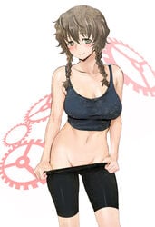 1girls amane_suzuha bike_shorts blush braided_hair brown_hair fluffy_hair midriff mound_of_venus pulling_down_shorts smile solo_female spats steins;gate twin_braids workout_clothes