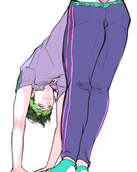 1boy all_fours ass_up bodysuit clothed diamond_is_unbreakable facing_away jojo's_bizarre_adventure leotard looking_at_viewer looking_back male_only pants_down rohan_kishibe smirk solo_male stretching thong thus_spoke_kishibe_rohan