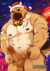 1boy 2020 anthro balls belly blush bodily_fluids canid canine canis censored christmas christmas_clothing christmas_headwear closed_eyes clothing cum cum_on_face daisukebear domestic_dog ejaculation erection genital_fluids genitals hat headgear headwear hi_res holidays humanoid_hands kemono male male_only mammal moobs navel night nipples overweight overweight_anthro overweight_male penis santa_hat solo sweat text tokyo_afterschool_summoners url video_games yasuyori